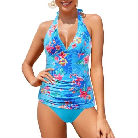 Holipick Two Piece Tankini Swimsuits for Women Tummy Control Bathing Suits Sexy V Neck Halter Tankini Top with Bikini Bottom