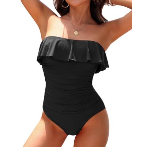 Holipick Strapless One Piece Swimsuits for Women Tummy Control Bandeau Bathing Suits Ruffle Slimming Swimwear