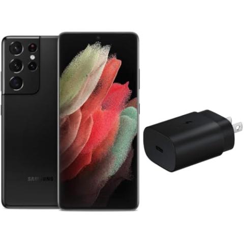 SAMSUNG Electronics Galaxy S21 Ultra 5G | Factory Unlocked Android Cell Phone | 5G Smartphone | Pro-Grade Camera, 108MP High Res | 128GB, Phantom Black (SM-G998U) w/ 25W Charger Bundle
