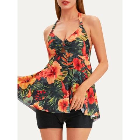 Tankini Swimsuits for Women Tummy Control Swimsuit Modest Tankini Top with Boyshort Bathing Suit 2 Piece Swimsuit
