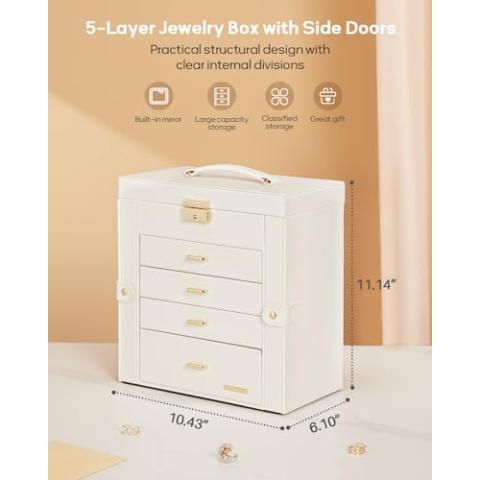 Homde Synthetic Leather Huge Jewelry Box Mirrored Watch Organizer Necklace Ring Earring Storage Lockable Gift Case (White + Gold)