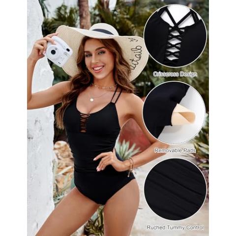 BMJL Women's Tummy Control Swimsuit Lace Up One piece Bathing Suits Slimming V neck Swimwear