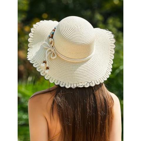 Verdusa Women's Scalloped Wide Brim Straw Sun Hats Boho Beaded Beach Hat