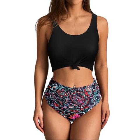ZAFUL Women's High Waisted Tankini Scoop Neck Knotted Two Pieces Tankini Set Swimsuit