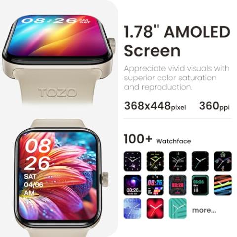 TOZO S4 AcuFit One Smart Watch 1.78" AMOLED Screen for Men Women, Bluetooth Call Dial Fitness Tracker, Heart Rate and Blood Oxygen, Sleep Monitor, IP68 Waterproof, Workout for iOS Android