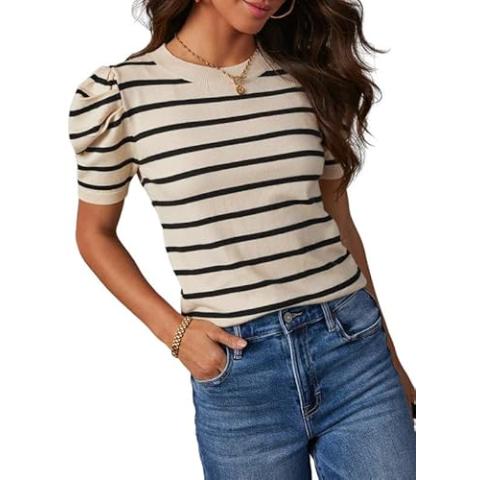 Dokotoo Women's Short Puff Sleeve Knit Tops 2024 Trendy Crewneck Striped T Shirts Casual Summer Blouses