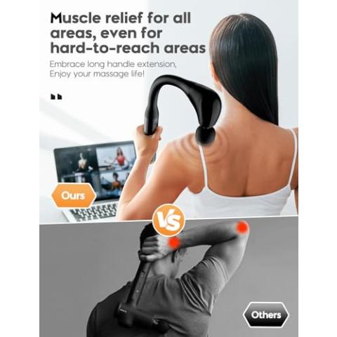 Massage Gun with Upgraded Extension Handle, 10MM Massage Gun Deep Tissue, Back Massager, Muscles/Neck/Shoulders/Waist/Legs Massager Portable for Pain Relief, 4 Massage Heads & 5 Speed Levels