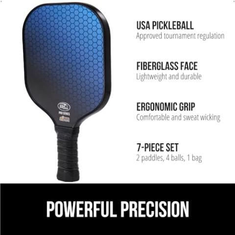 Gorilla Gear USAPA Pickleball Approved Paddle, Fiberglass Shock Absorbent Racket with Ergonomic Grip, Indoor Outdoor Pickle Ball Court Sports Accessories, Set of 2 Paddles 4 Balls and 1 Bag, Blue
