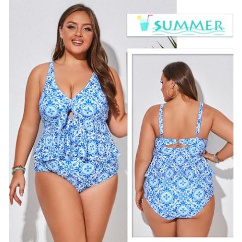 Hanna Nikole Women Plus Size 2 Piece V Neck Tie Tankini Swimsuit with Tummy Control Bikini Bottoms Bathing Suits