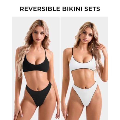 SUUKSESS Women High Waisted Thong Bikini Set Reversible String 2 Piece Swimsuit