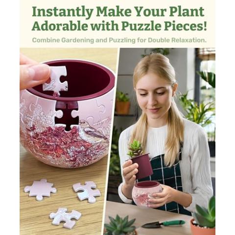 PieceRelax 3D Puzzle Planter - Singing Birds and Flowers - Small Round Plant Pots with Drainage, Home Decor Flower Pots for Indoor Cactus, Succulents Pots [K1100]
