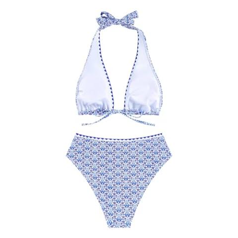 ZAFUL 2 Piece Bikini Sets Halter High Waisted Bathing Suits Sexy Ethnic Embroidery Swimsuits