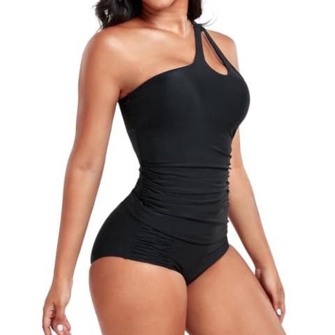 Women's Two Piece Tankini Swimsuits One Shoulder Tummy Control Keyhole Bathing Suits Swim Top with Bottom Modest Swimwear