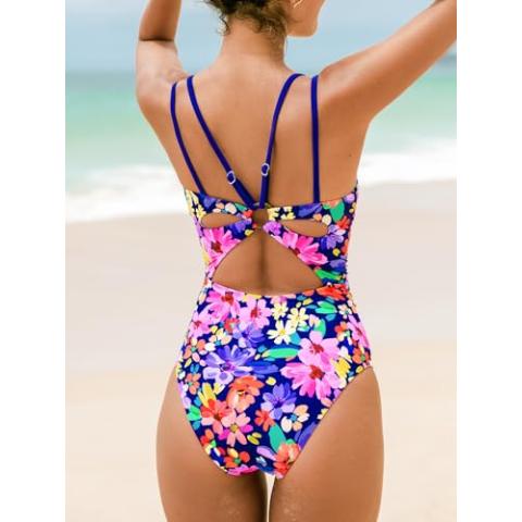 CUPSHE Women's One Piece Swimsuit V Neck Tummy Control Double Adjustable Straps Back Cutout O-Ring