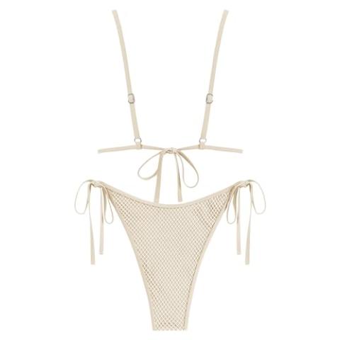 ZAFUL Women's Triangle Bikini Fishnet String Cheeky Bikini Sets High Cut Tie Side 2 Piece Swimsuit Bathing Suit