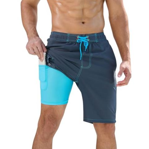 SILKWORLD Mens Swim Trunks with Compression Liner Quick-Dry 10" Stretch Beach Shorts