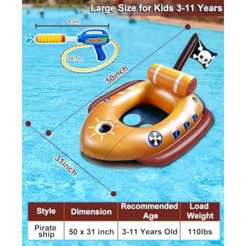 [Water Squirt Guns] Pirate Ship Pool Float for Kids 3-11 Years, Inflatable Battle Swimming Pool Toys Fun Ride-ons Floaties for Toddler Boys Girls Summer Outdoor Pool Party Gift Toys Games