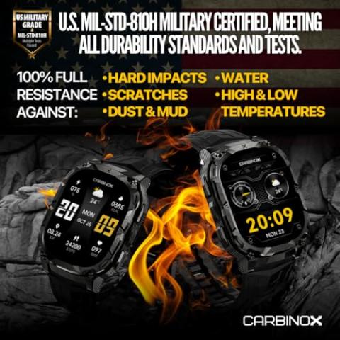 CARBINOX Vortex Smart Watch (Answer/Make Calls), Rugged Fitness Tracker IP69K Waterproof Compatible with Android and iOS Phone, 14 Days of Battery Military Durable…