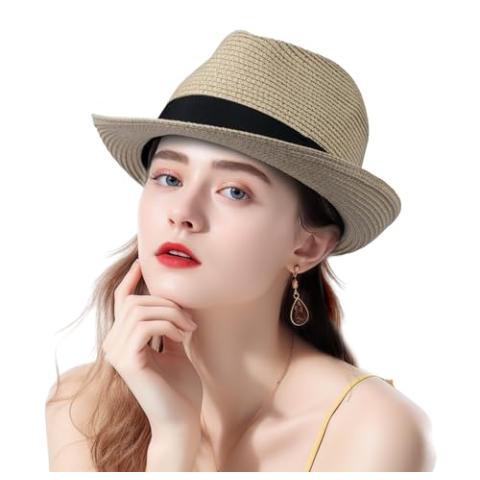 Straw Fedora Hat for Women Men Short Brim Panama Hat Roll Up Trilby Summer Beach Sun Hat UPF 50+