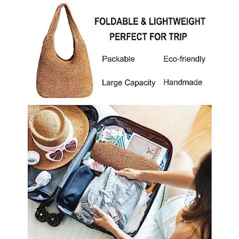 Straw Bag for Women Beach Woven Tote Bag Large Capacity Shoulder Bag for Summer Vacation