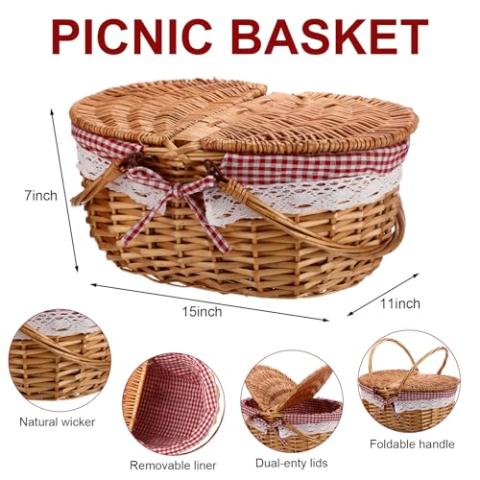 Picnic Basket with Blankets and Bamboo Plates Picnic Supplies Set Basket with Lid and Handle Wicker Picnic Basket Sturdy Woven Body with Washable Lining for Camping(Red)