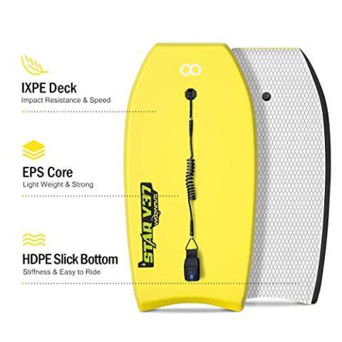 Bodyboard 33-inch/37-inch/42-inch Premium IXPE Body Board with Coiled Wrist Leash, Super Lightweight EPS Core and HDPE Slick Bottom, Perfect Surfing for Kids Teens and Adults