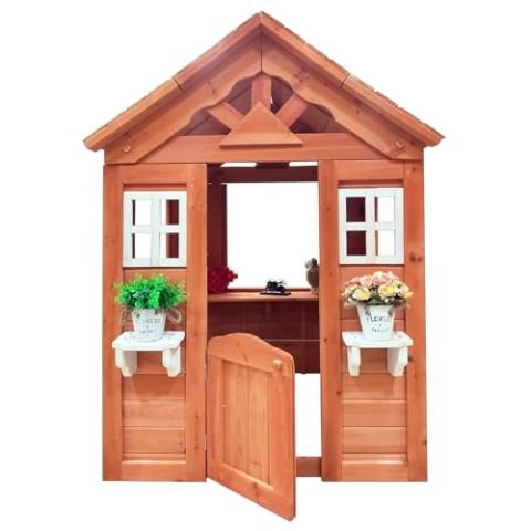 Outdoor Playhouse for 3-8 Years Boys Girls with Flowerpot Holder Window Pretend Play Wooden Cottage Playhouse for Outdoor Garden Lawn Patio Yard 42 x 46 x 55in Gold