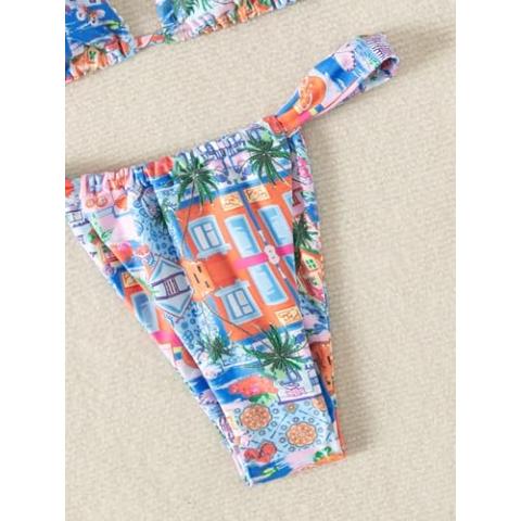 Women's High Waisted Bikini Set Floral Print Spaghetti Strap Smocked Wireless Bathing Suit Swimsuit 2 Piece Set