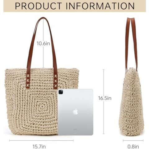 Straw Beach Bag Leather Tote Bag for Women Beach Purse Shoulder Woven Crochet Bag Purses for Women 2024 Clutch Purses Beach