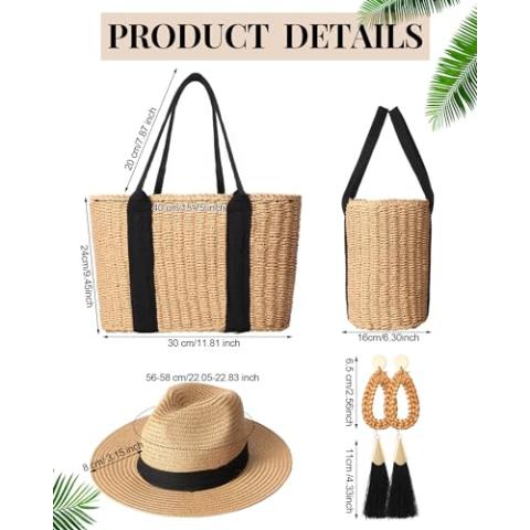 4 Pcs Straw Bag Woven Bag and Rattan Wicker Hat Tassel Earrings Set Summer Tote Handbag for Woman Vacation Boho Accessories