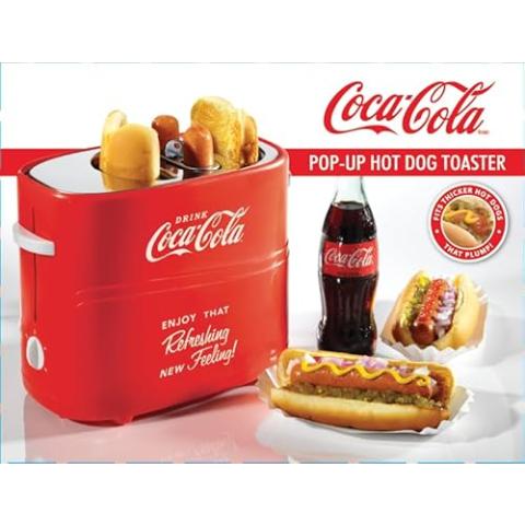Nostalgia Coca-Cola Hot Dog Toaster - 2 Slot Bun Mini Tongs - Works with Chicken, Turkey, Veggie Links, Sausages and Brats - Coke Red