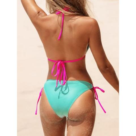 CUPSHE Women's Bikini Sets Halter Triangle Top Push Up Backless Low Rise Strappy Swimwear Color Block