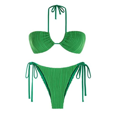ZAFUL Women's Bandeau Bikini Set O Ring Strapless Swimsuit Tie Side Swimwear Halter Two Piece Bathing Suit