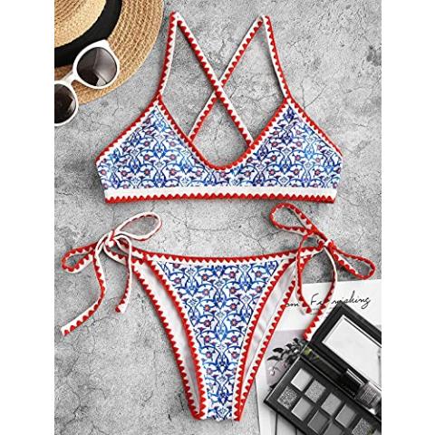 ZAFUL Women's Bohemian Swimsuit Strappy Tie Side Bikini Set Triangle Cheeky String Brazilian Swimwear