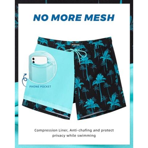 SURF CUZ Mens Swim Trunks with Compression Liner 5" Swim Shorts Quick Dry Bathing Suit Swimming Trunks Zipper Pockets