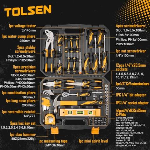 TOLSEN 89-Piece Tool Set Household Tool Kit, Hammer Screwdrivers Set, Tool Kit with Drill Bits, Socket Wrench Set, Hex Key Set, Tape Measure, with Plastic Toolbox Storage Case