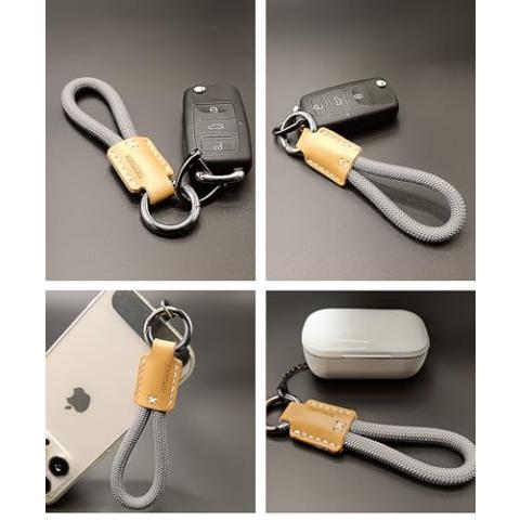 RONGBOER Handmade Cowhide Leather Short Keychain,Car Key Chain Accessories,Keychains for Women And Men,Cell Phone Lanyard (Grey)