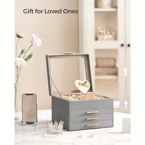 SONGMICS Jewelry Box with Glass Lid, 4-Layer Jewelry Organizer, 3 Drawers, for Big and Small Jewelry, Jewelry Storage, Modern Style, 8 x 9.1 x 6.5 Inches, Dove Gray and Gold Color UJBC173G01