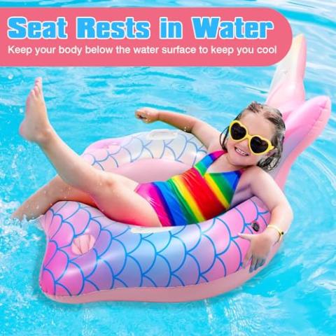 Mermaid Inflatable Pool Float Chair with 2 Cup Holders, Armrests, Pink Swimming Pool Party Lounge Raft Decorations Toys for Adults Kids, Swimming Pool Lounger Pool Floaties for Summer Beach Party