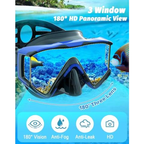 Greatever Snorkel Set Pano 3 Window Snorkel Mask Adult, Panoramic Wide View, Anti-Fog Scuba Diving Mask, Anti-Leak Snorkel Goggles Dry Top Snorkel, Professional Snorkeling Gear for Adults