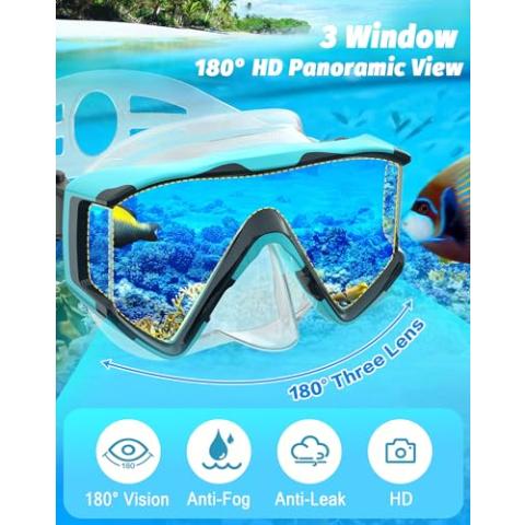 Greatever Snorkel Set Pano 3 Window Snorkel Mask Adult, Panoramic Wide View, Anti-Fog Scuba Diving Mask, Anti-Leak Snorkel Goggles Dry Top Snorkel, Professional Snorkeling Gear for Adults