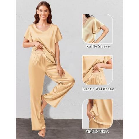 Ekouaer Silk Pajamas Satin 2 Piece Short Sleeve Top and Long Pants Pj Sets Silky Sleepwear Loungewear Khaki Large