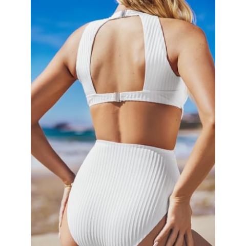 CUPSHE Women's One Piece Swimsuit High Neck Cutout Ribbed Texture Back Hook Hollow Wrapped