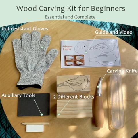Wood Carving Kit for Beginners, Essential Wood Whittling Kit for Beginners, Knife Tools Accessories, Balsawood and Basswood Blocks, Bird Carving Video Tutorial, DIY Kits for Adults Hobbies