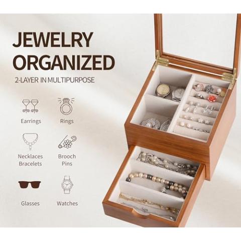 Clasin Home Jewelry Box with Glass Lid, 2 Layer Jewelry Organizer for Women, Solid Wooden Jewelry Box Display for Ring Earrings Necklace Bracelet, Pine Wood Jewelry Boxes Vintage Style for Gifts