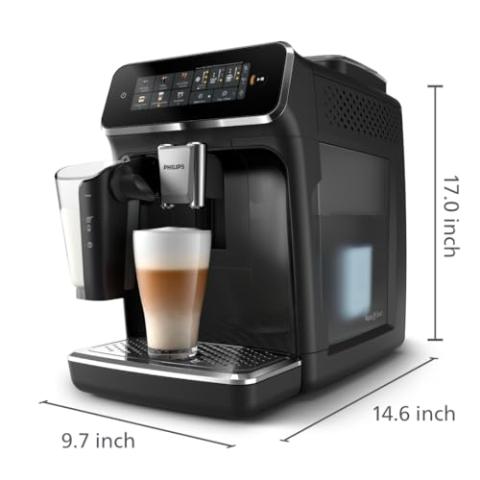 PHILIPS 3300 Series Fully Automatic Espresso Machine - LatteGo Milk System, 5 Coffee Varieties, Intuitive Touch Display, SilentBrew, 100% Ceramic Grinder, AquaClean Filter, Glossy Black (EP3341/50)