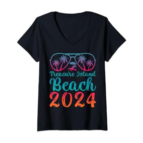 Womens Summer Sunglass Florida Treasure Island Beach 2024 V-Neck T-Shirt