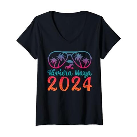 Womens Summer Sunglass Mexico Riviera Maya Beach 2024 V-Neck T-Shirt