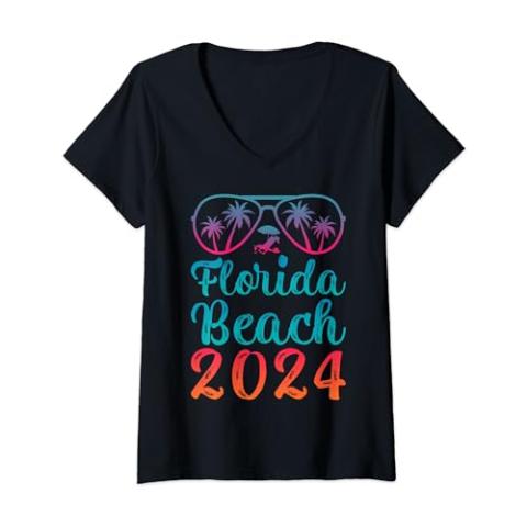 Womens Beach Vacation Summer Sunglass Florida Beach 2024 V-Neck T-Shirt
