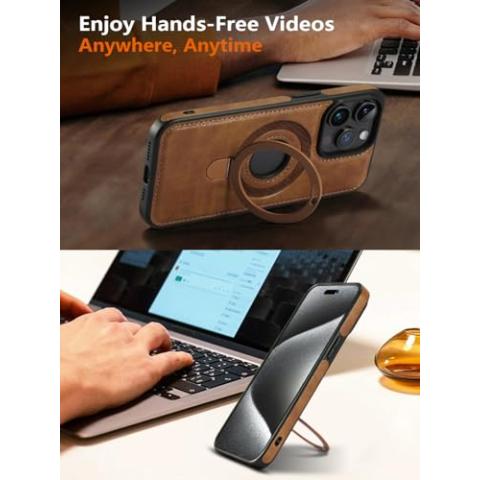 VAUSERDY Magnetic for iPhone 13 Pro Max Leather Case,Invisible Stand [Compatible with Magsafe] Slim Kickstand Phone Cove (Brown, iPhone 13 Pro Max)